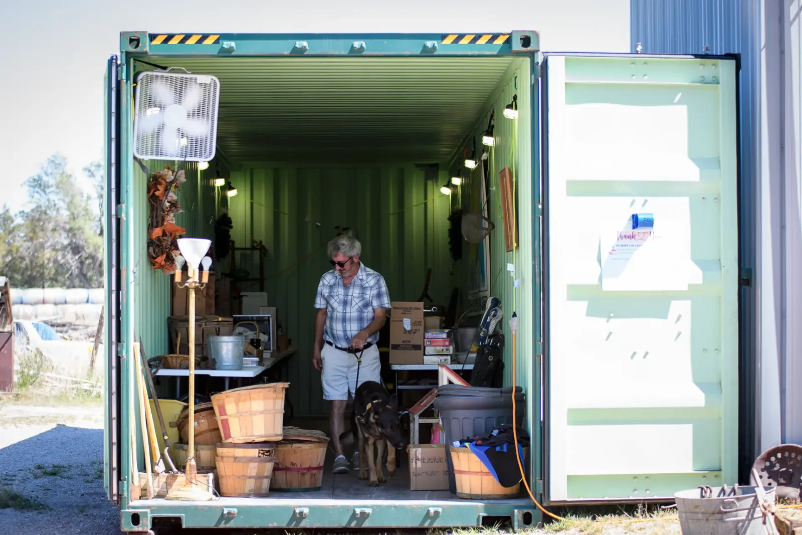 Vendor and dog inside an open market container
